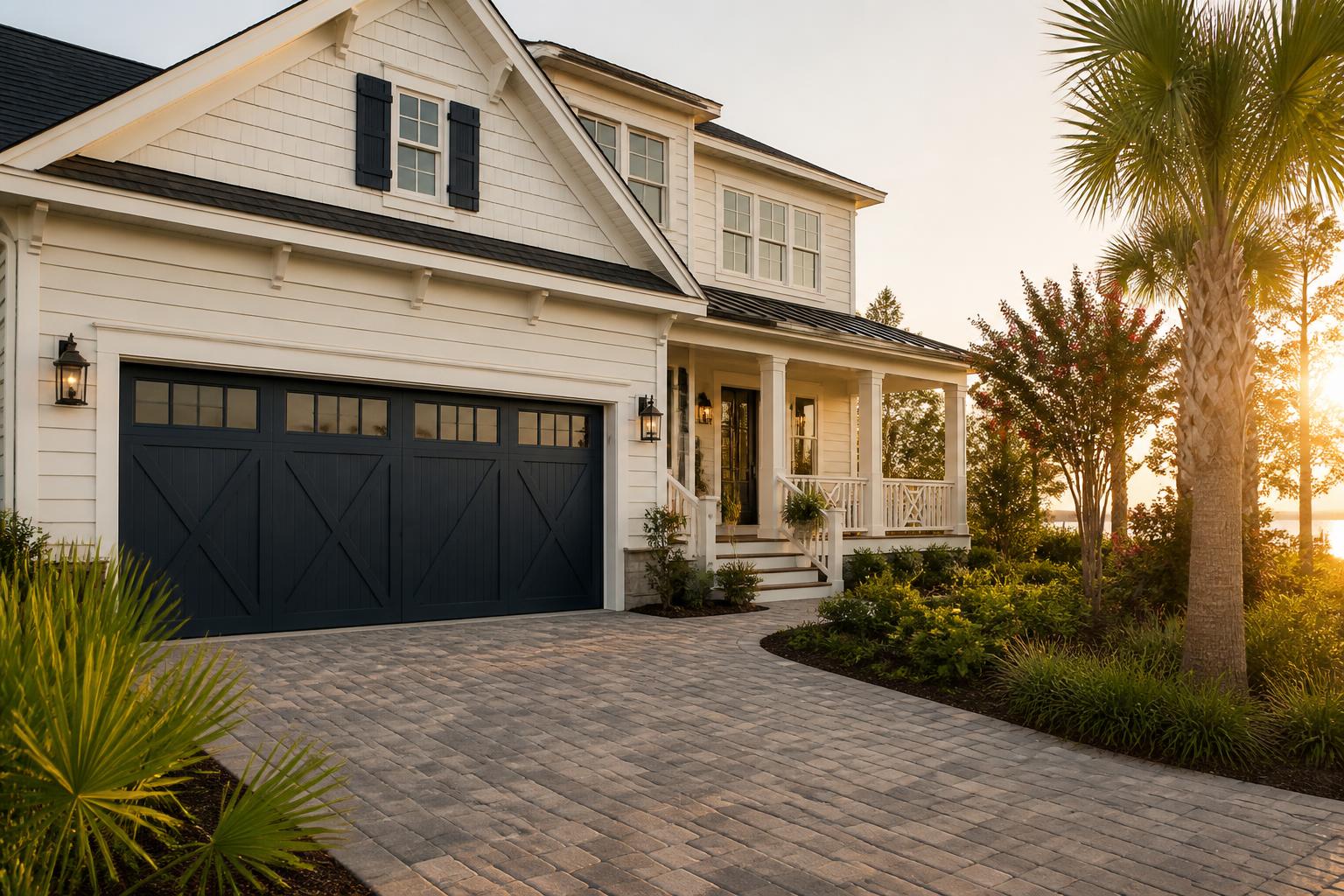 Modern Wilmington, NC home with a navy carriage-style garage door at golden hour
